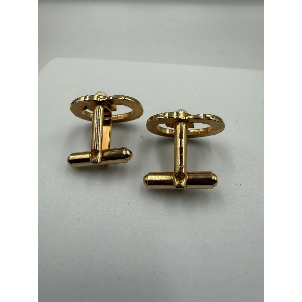 VTG Gold Tone Open Oval Swirl Faux Pearl Accent Cufflinks Formal Mens Accessory